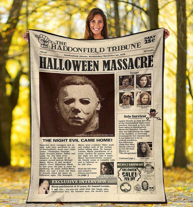 Newspaper Style Michael Myers Fleece Blanket Horror Bedding Decor 2 - PerfectIvy