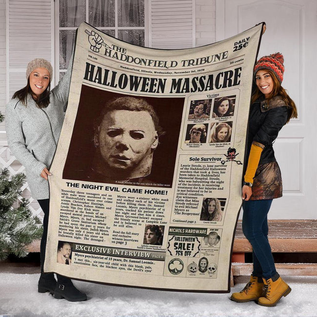 Newspaper Style Michael Myers Fleece Blanket Horror Bedding Decor 3 - PerfectIvy