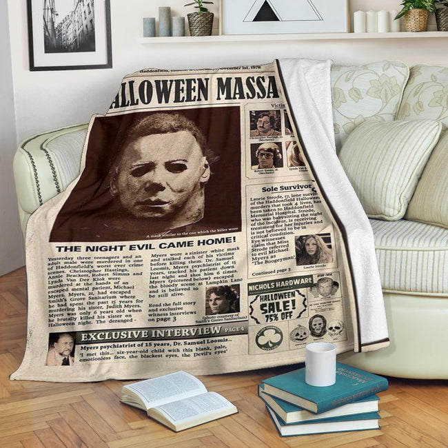 Newspaper Style Michael Myers Fleece Blanket Horror Bedding Decor 4 - PerfectIvy