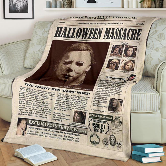 Newspaper Style Michael Myers Fleece Blanket Horror Bedding Decor 5 - PerfectIvy