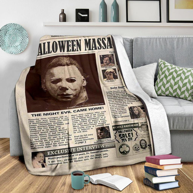 Newspaper Style Michael Myers Fleece Blanket Horror Bedding Decor 6 - PerfectIvy