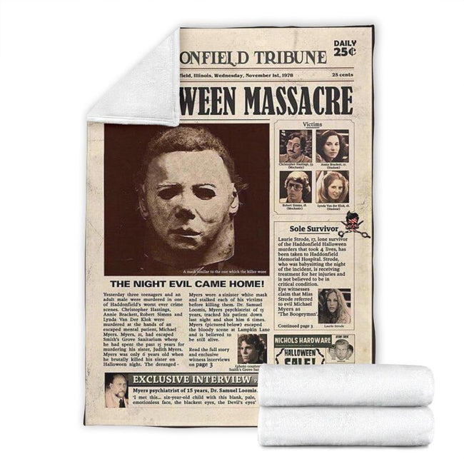 Newspaper Style Michael Myers Fleece Blanket Horror Bedding Decor 7 - PerfectIvy