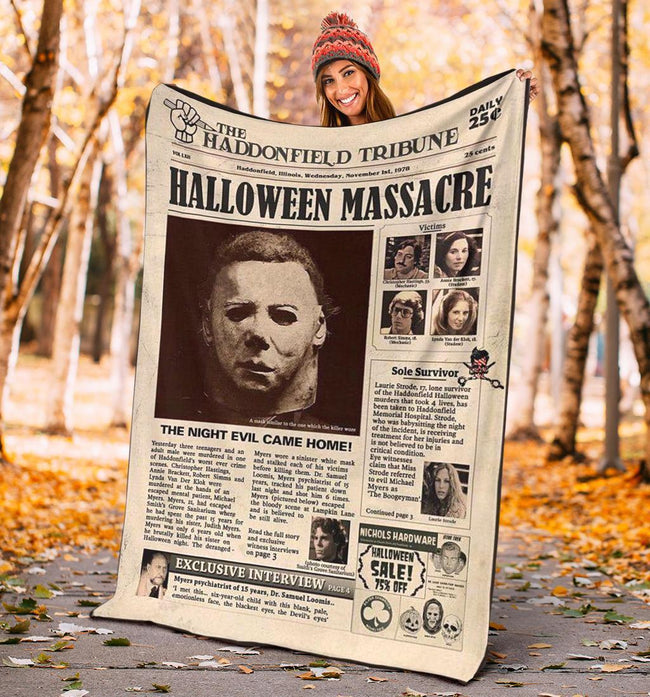 Newspaper Style Michael Myers Fleece Blanket Horror Bedding Decor 1 - PerfectIvy